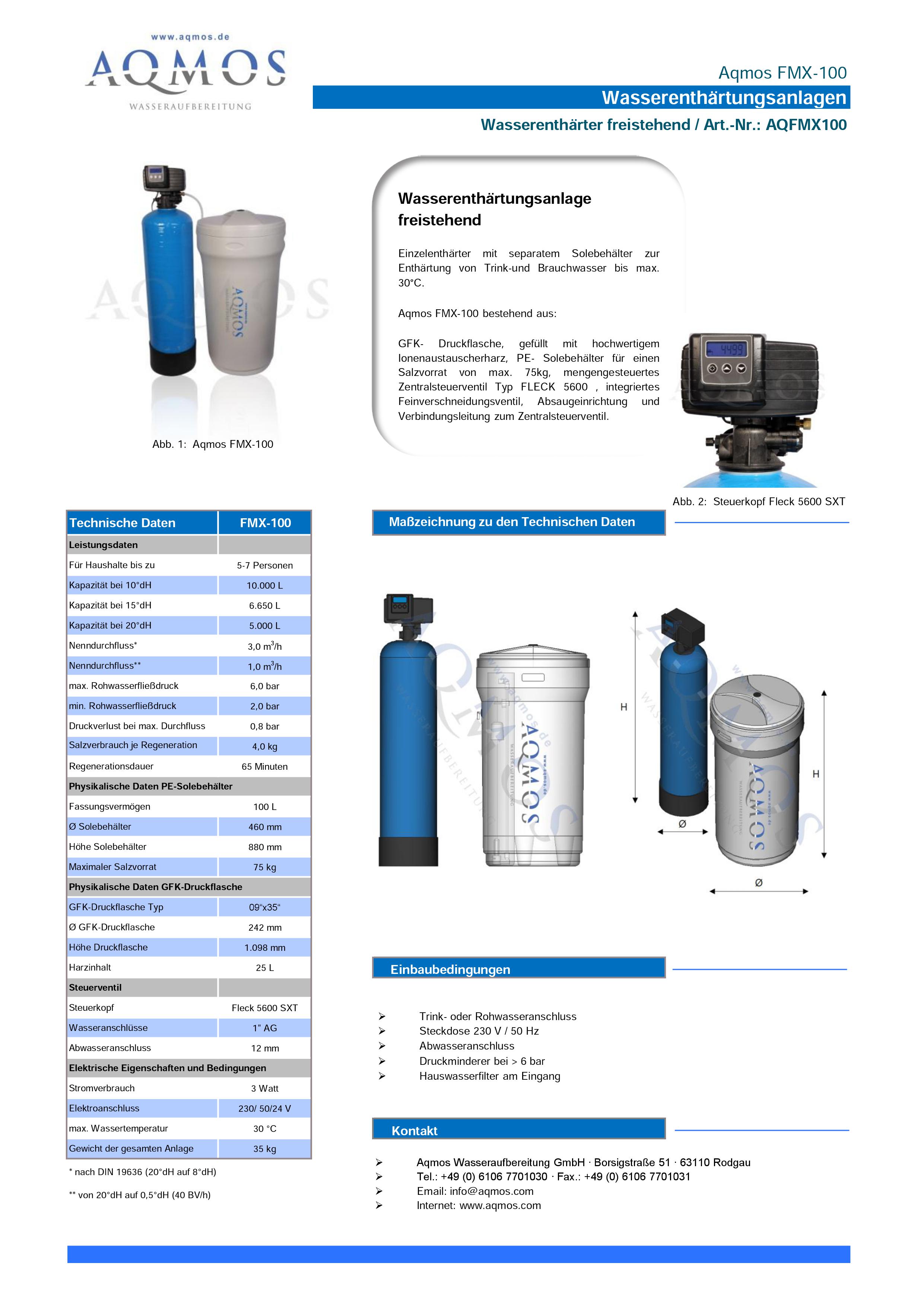 Wasserenthärtungsanlage Entkalkungsanlage Aqmos FMX-100 Wasserenthärter 